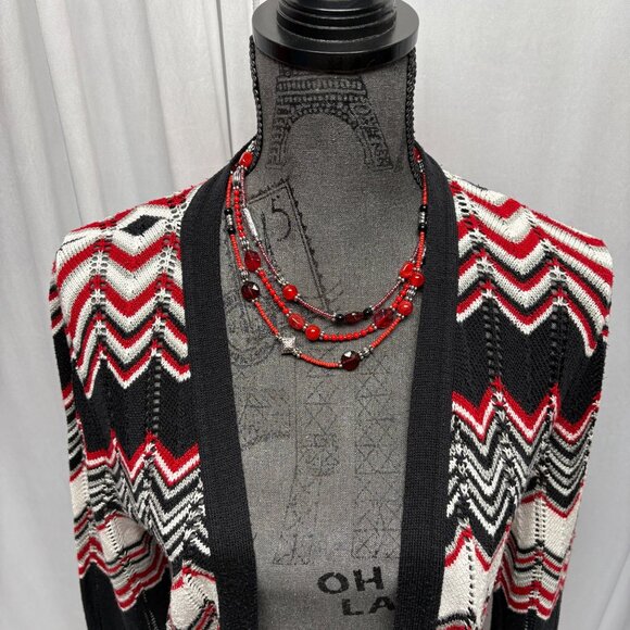Two-One-Two Open Front Cardigan Womens Size Large Red Black Lightweight Sweater - Picture 2 of 7
